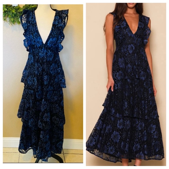 Lulus Dresses & Skirts - NWOT Lulus Molinetto Navy Blue Lace Ruffled Tiered Sleeveless Maxi Dress